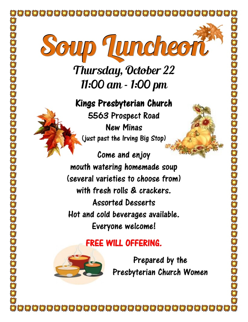 Fall Soup Luncheon at Kings Presbyterian Church, New Minas (October 22