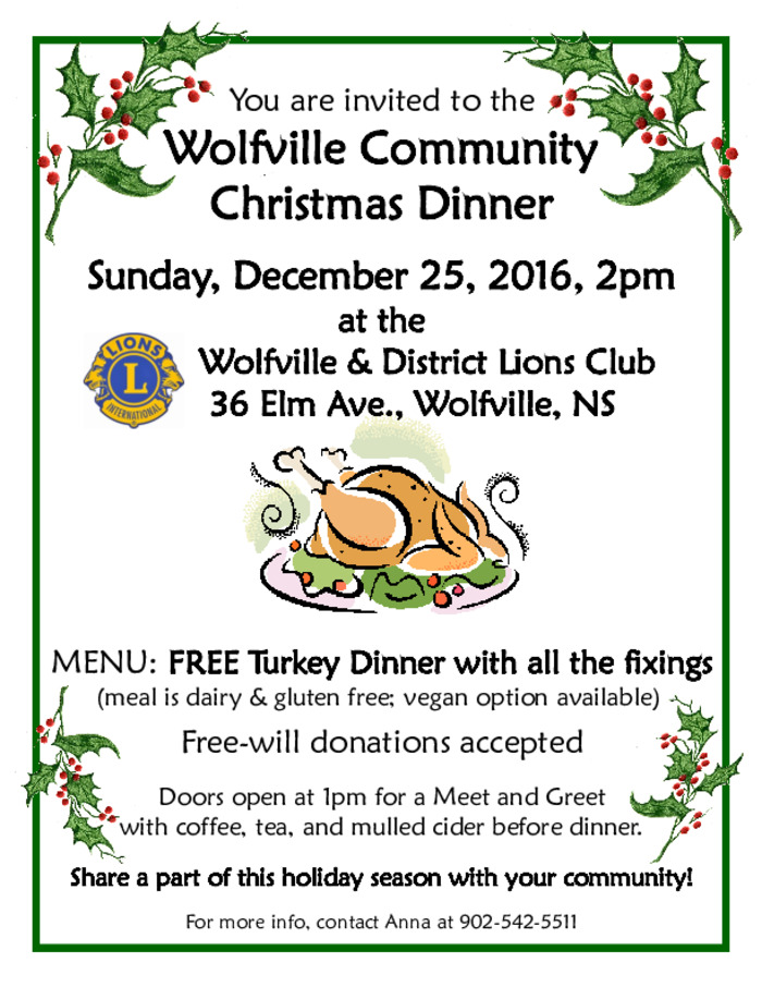 Community Christmas Dinner at Lions Club, Wolfville (December 25, 2016 2pm)