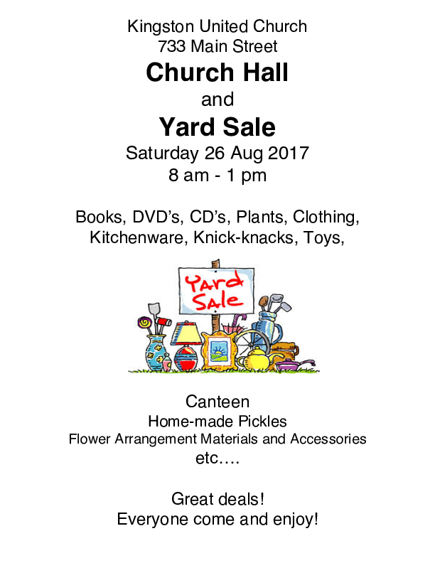 Church Hall and Yard Sale at United Church, Kingston (August 26, 2017 8am)