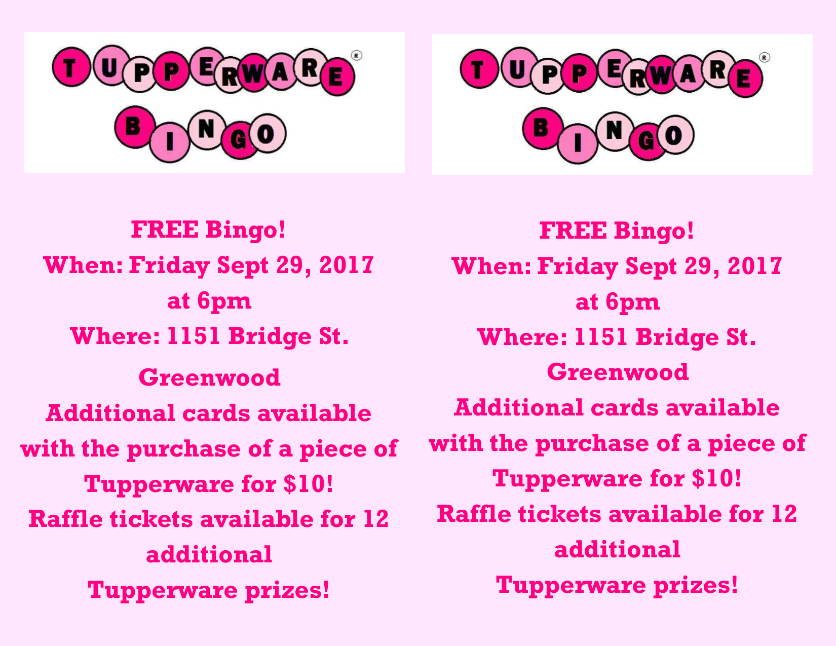 Tupperware Bingo at New Beginnings Center Greenwood September 29