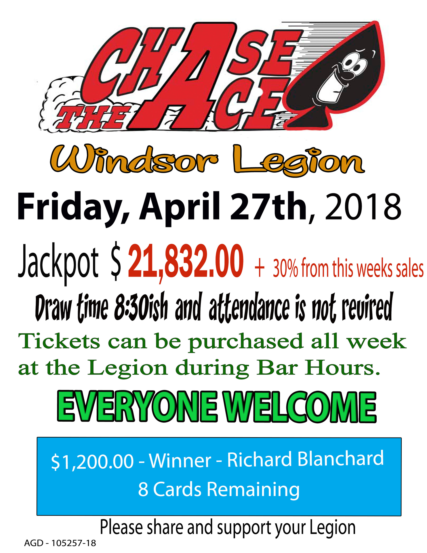Chase the Ace at Royal Canadian Legion, Windsor (April 27, 2018 6:30pm)