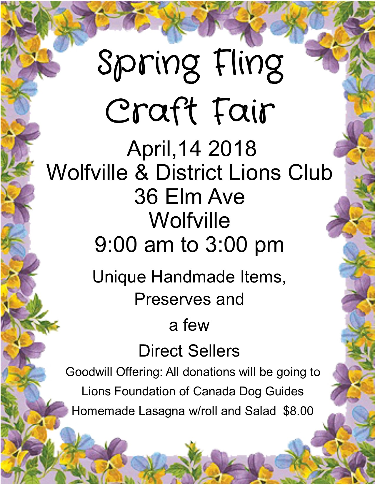 Spring Fling Craft Fair at Lions Club, Wolfville (April 14, 2018 9am)