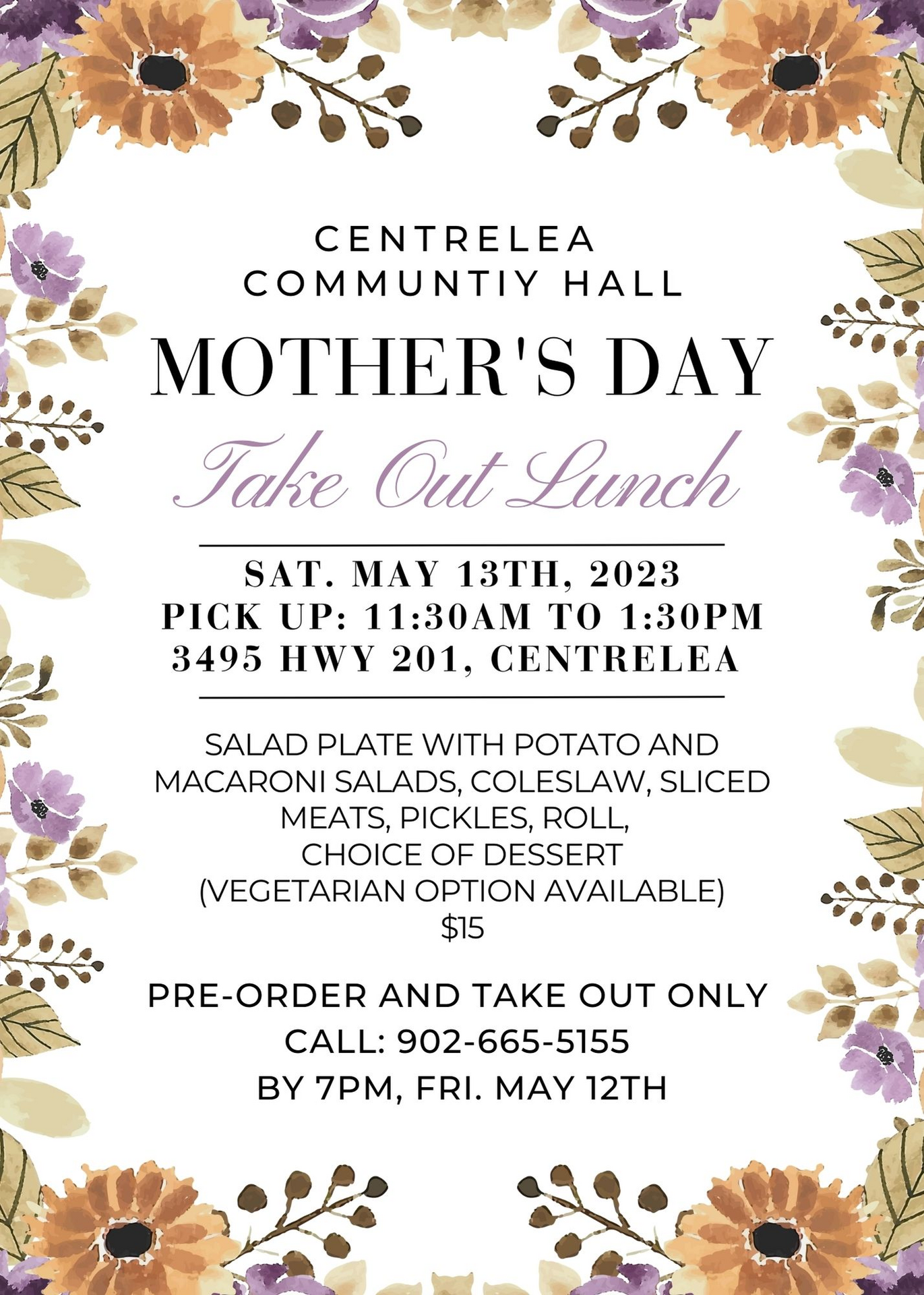 Mothers Day Takeout Luncheon at Community Hall, Centrelea (May 13, 2023 ...