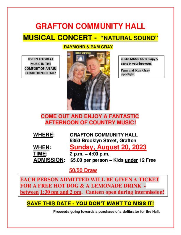 Musical Event at Community Centre, Grafton (August 20, 2023 2pm)