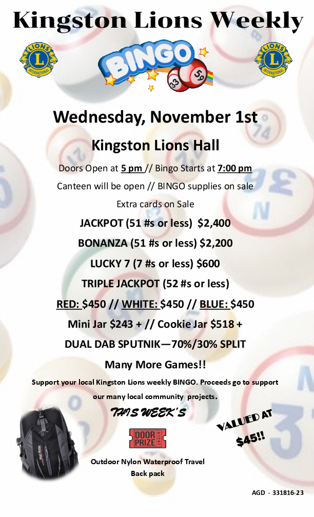 Bingo at Lions Club, Kingston (November 1, 2023 7pm)
