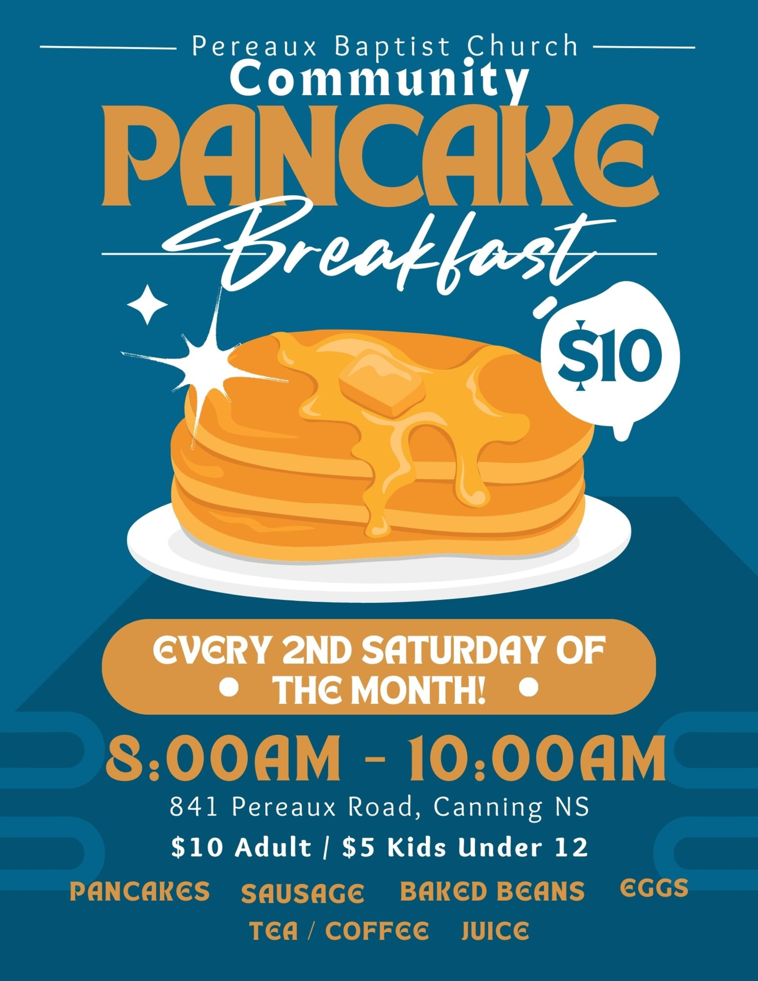 Pancake Breakfast at Pereaux Baptist Church, Pereau (January 13, 2024 8am)