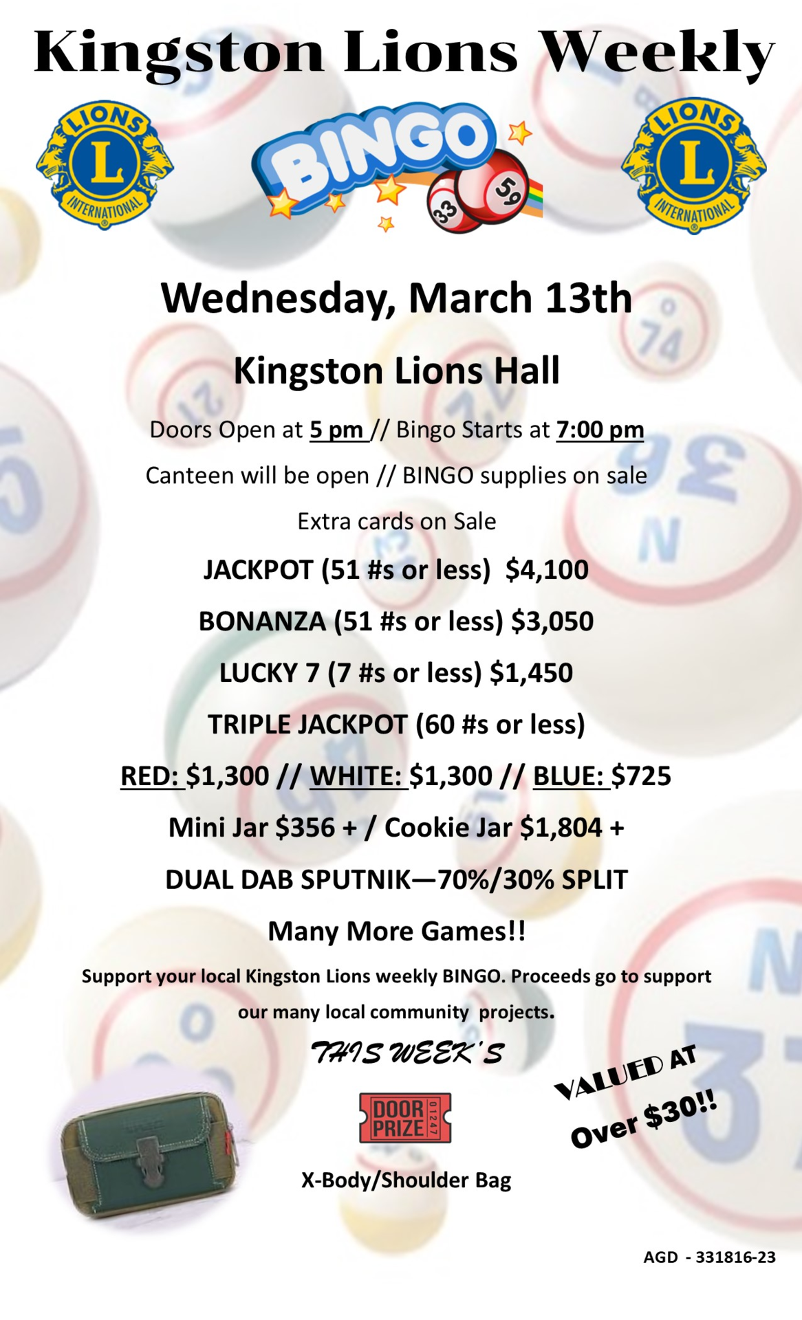 Bingo at Lions Club, Kingston (March 13, 2024 7pm)