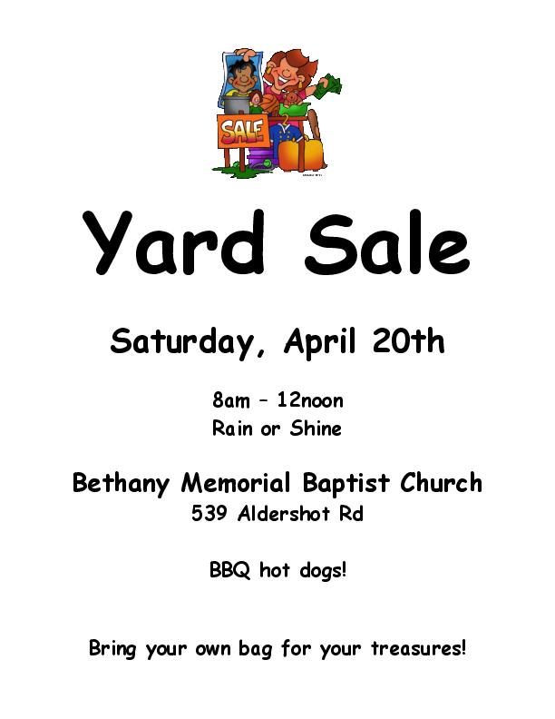 Indoor Yard Sale at Bethany Memorial Baptist Church, Kentville (April ...