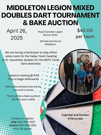 Poster for Mixed Doubles Dart Tournament & Bake Sale