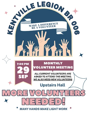 Poster for Kentville Legion Volunteer Meeting