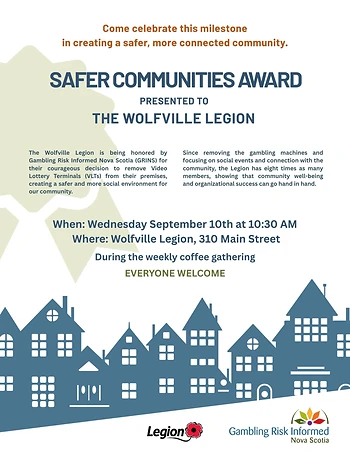 Poster for Safer Communities Award to Wolfville Legion