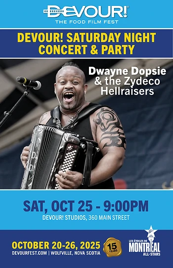 Poster for Devour! Saturday Night Concert & Party w/Music by Dwayne Dopsie & the Zydeco Hellraisers