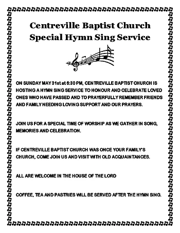 Poster for Memorial & Celebratory Hymn Sing