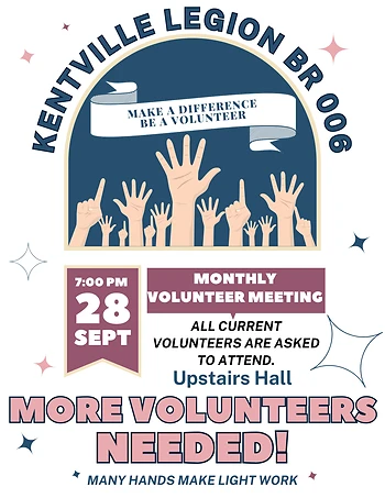 Poster for Kentville Legion Volunteer Meeting