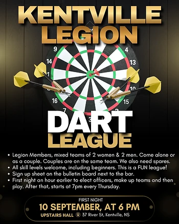 Poster for Kentville Legion Dart League Begins