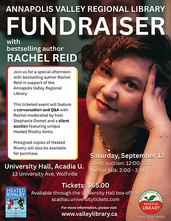 Poster for Annapolis Valley Regional Library Fundraiser with Author Rachel Reid