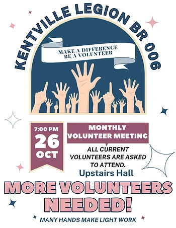 Poster for Kentville Legion Volunteer Meeting