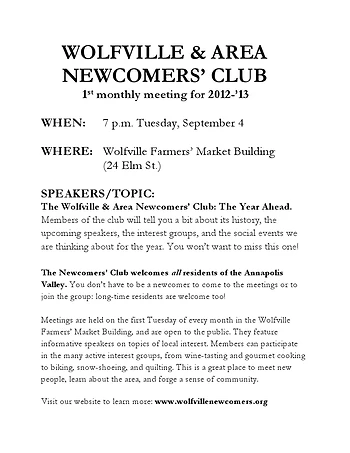 Poster for Wolfville Newcomers' Club