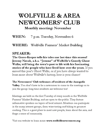 Poster for Wolfville and Area Newcomers' Club