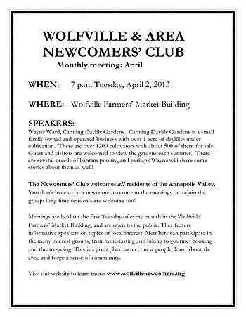 Poster for Wolfville & Area Newcomers Club