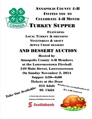 Poster for 4-H Turkey Supper & Dessert Auction