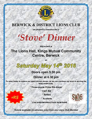 Poster for Berwick & District Lions Club 'Stove' Dinner