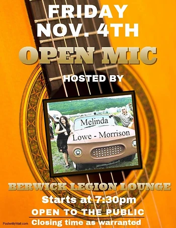 Poster for Open Mic hosted by Melinda Lowe Morrison