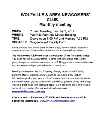 Poster for Wolfville Newcomers' Meeting