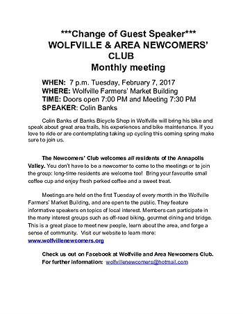 Poster for Wolfville Newcomers' Meeting