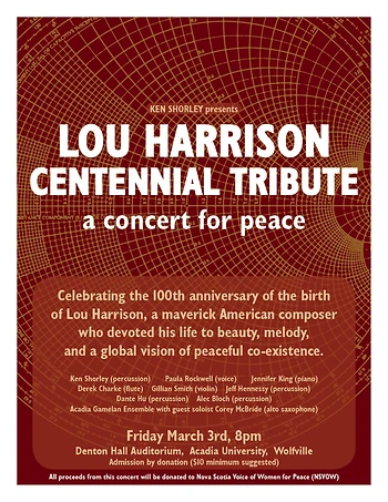 Poster for Lou Harrison Centennial Tribute: a concert for peace