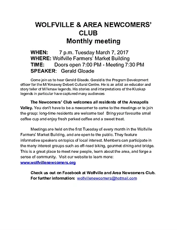 Poster for Wolfville Newcomers' Meeting