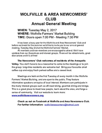 Poster for Wolfville and Area Newcomers' AGM