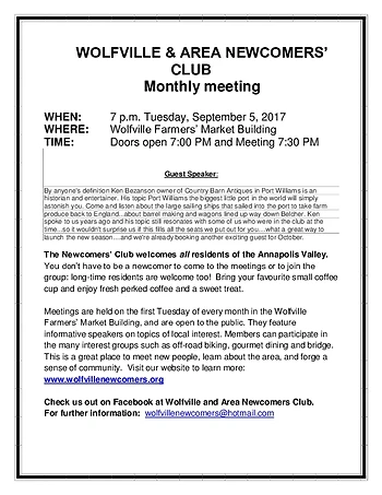 Poster for Wolfville Newcomers Club
