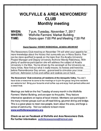 Poster for Wolfville & Area Newcomers Club