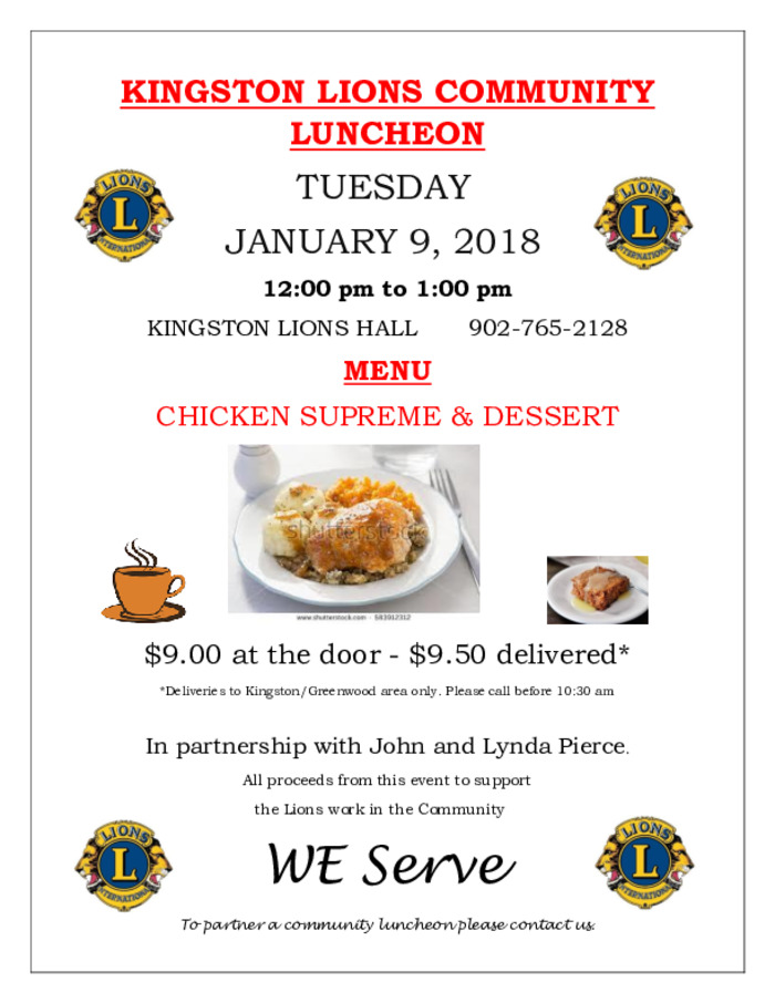 Luncheon at Lions Club, Kingston (January 9, 2018 12pm)
