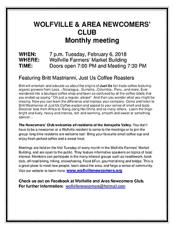 Poster for Wolfville and Area Newcomers Club