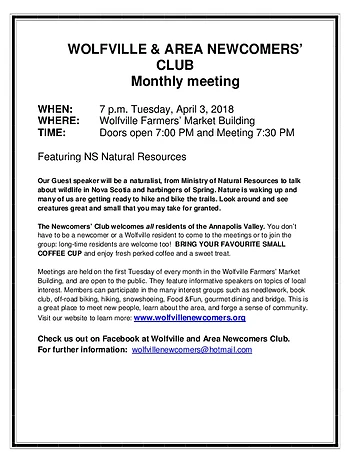 Poster for Wolfville and Area Newcomers Club