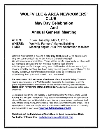 Poster for Wolfville & Area Newcomers Club