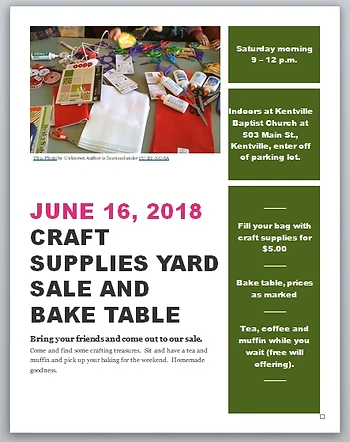 Poster for Craft Supplies Yard Sale and Bake Table