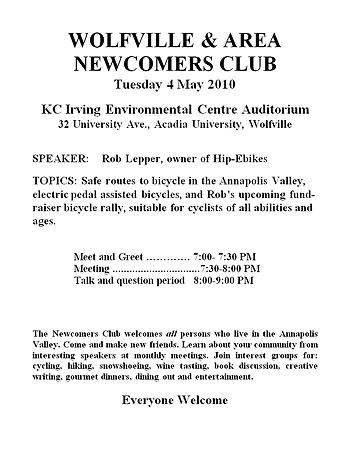 Poster for Wolfville & Area Newcomers Club