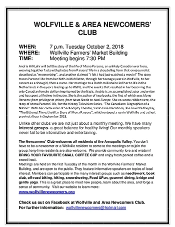 Poster for Wolfville and Area Newcomers Club