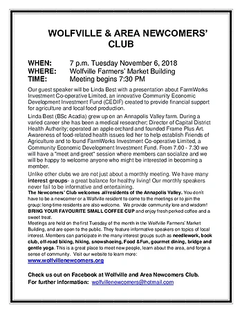 Poster for Wolfville and Area Newcomers Club