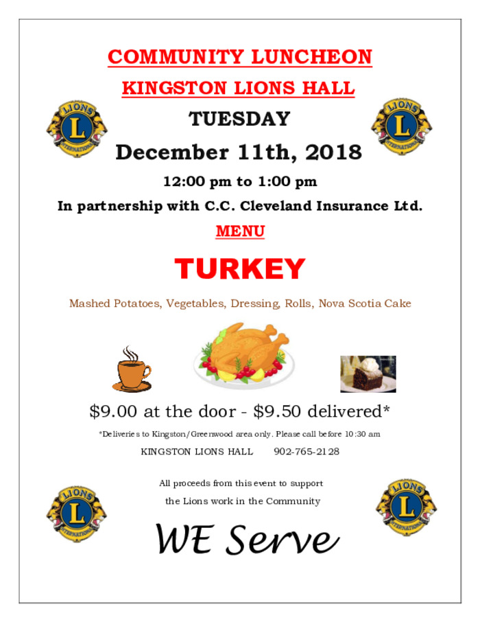 Community Luncheon at Lions Club, Kingston (December 11, 2018 12pm)
