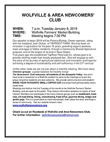 Poster for Wolfville and Area Newcomers Club