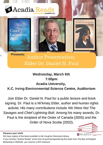 Poster for Acadia Reads Author Presentation