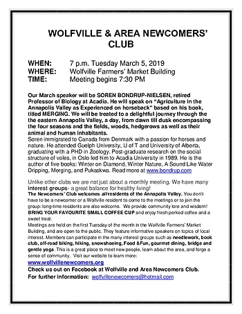Poster for Wolfville and Area Newcomers Club