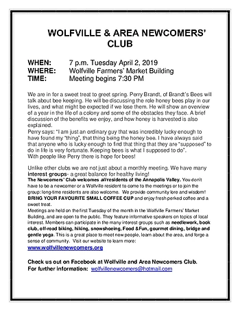 Poster for Wolfville and Area Newcomers Club