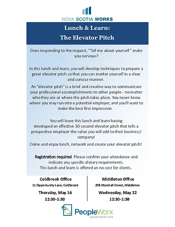 Poster for Lunch and Learn- Elevator Pitch
