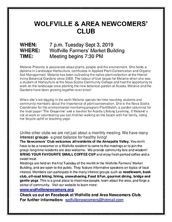 Poster for Wolfville & Area Newcomers Club
