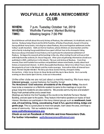 Poster for Wolfville and Area Newcomers Club